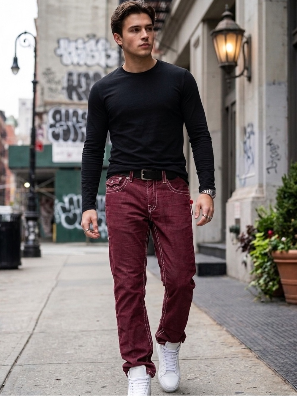 NWT True Religion Section Straight Corduroy Burgundy Super T Contrast Stitch 38